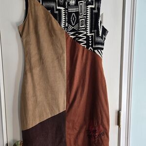 Desigual Asymmetrical Dress in Black, Brown, and Tan